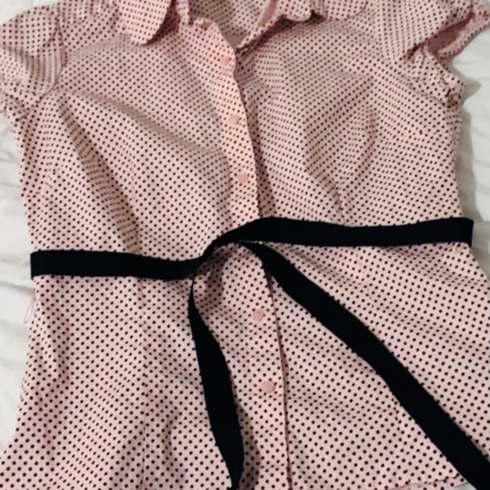Women's Pink Polka Dot Button-Down Shirt with Black Tie